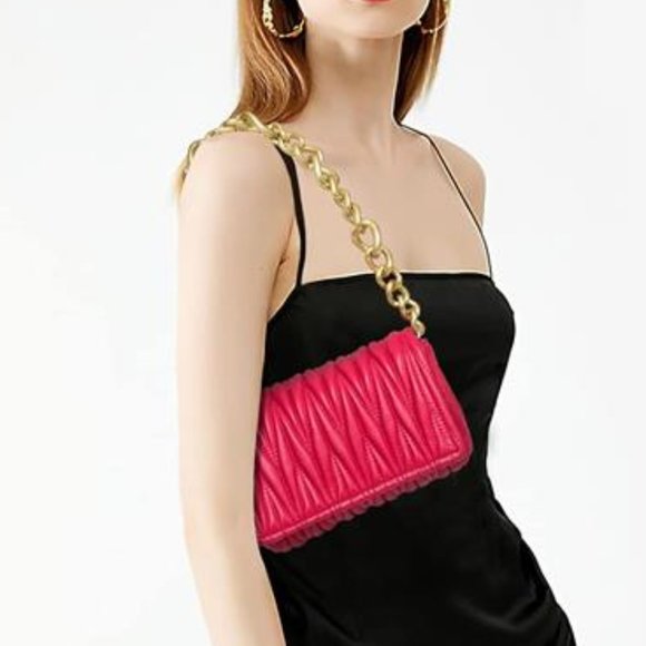 Hot Pink Quilted Purses Pretty Chunky Chain Shoulder Bags - Picture 2 of 6